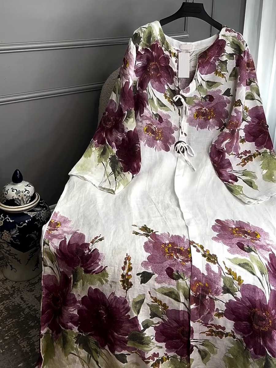 Damska sukienka z dekoltem w serek, długim rękawem i nadrukiem w stylu vintage, luźna, z bawełny i lnu