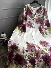 Damska sukienka z dekoltem w serek, długim rękawem i nadrukiem w stylu vintage, luźna, z bawełny i lnu