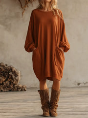 Damska, luźna, bawełniana, długa sukienka dresowa z kieszeniami