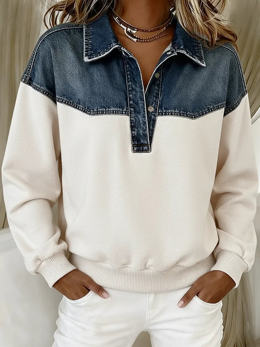 Damska bluza z denimu i bawełny w swobodnym stylu patchworkowym