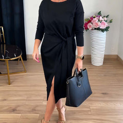 Elegancka sukienka midi z węzłem z przodu i rozcięciem dla kobiet